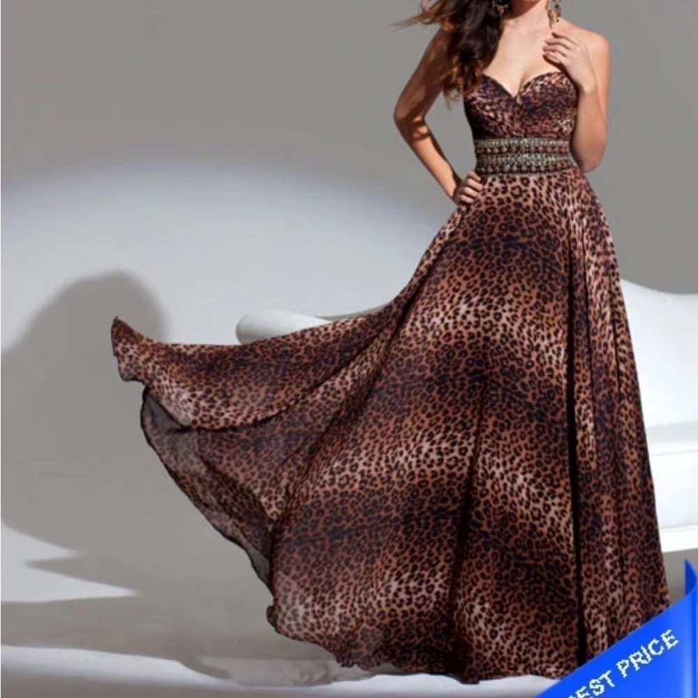 Tony Bowls Le Gala Strapless Gown Sz 8 Leopard Print Maxi Empire Dress EUC!